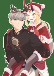 Rule 34 | 1boy, 1girl, absurdres, antlers, black eyes, black jacket, blonde hair, carrying, christmas, expressionless, facial mark, fake antlers, fate/grand order, fate (series), forehead mark, grey hair, hat, highres, holding, holding sack, horns, ibaraki douji (fate), jacket, long hair, looking at another, mame cs5, oni, open mouth, piggyback, reindeer antlers, sack, santa costume, santa hat, smile, watanabe no tsuna (fate), yellow eyes