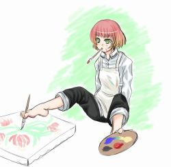 Rule 34 | 10s, 1girl, amputee, apron, armless amputee, art brush, barefoot, between toes, double amputee, feet, green eyes, katawa shoujo, kekekeke, mouth hold, paintbrush, painting (action), painting (object), palette (object), pants, pants rolled up, red hair, short hair, sketch, solo, tezuka rin