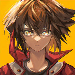 Rule 34 | 1boy, black shirt, brown eyes, duel academy uniform (yu-gi-oh! gx), frown, gogoshitai, hair between eyes, highres, jacket, looking at viewer, male focus, multicolored hair, open clothes, open jacket, portrait, red jacket, serious, shirt, short hair, solo, two-tone hair, yellow eyes, yu-gi-oh!, yu-gi-oh! gx, yuki judai