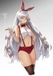 Rule 34 | 1girl, adapted costume, bare arms, bare shoulders, black thighhighs, bow, bowtie, breasts, cigarette, commentary, cowboy shot, crop top, cropped legs, fujiwara no mokou, gradient background, grey background, hair bow, hairband, hand on own hip, highres, holding, holding cigarette, houtengeki, long hair, looking at viewer, medium breasts, midriff, navel, parted lips, red bow, red bowtie, red eyes, red hairband, red shorts, shirt, short shorts, shorts, silver hair, sleeveless, sleeveless shirt, smoke, solo, standing, stomach, suspenders, thighhighs, touhou, very long hair, white background, white bow, white shirt, wing collar, wrist cuffs