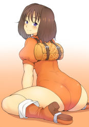 Rule 34 | 10s, 1girl, arm support, ass, backpack, bag, blue eyes, blush, boots, breasts, brown hair, buckle, diane (nanatsu no taizai), from behind, full body, gradient background, high heel boots, high heels, hiroya juuren, knee boots, kodansha, large breasts, leotard, light smile, looking at viewer, looking back, nanatsu no taizai, no panties, orange background, puffy short sleeves, puffy sleeves, short hair, short sleeves, short twintails, sitting, smile, solo, thick thighs, thighs, twintails, wariza