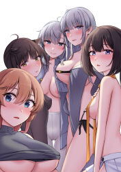 5girls absurdres akizuki_(kancolle) black_hair breasts brown_hair fuyutsuki_(kancolle) grey_hair hair_flaps hatsuzuki_(kancolle) highres kantai_collection kiritto long_hair multiple_girls pantyhose short_hair sideboob smile suzutsuki_(kancolle) teruzuki_(kancolle) underboob white_pantyhose