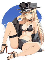 Rule 34 | 1girl, anchor, bare shoulders, bikini, bismarck (kancolle), black bikini, black choker, black jacket, black shorts, blonde hair, blue eyes, blue sky, blush, border, breasts, choker, cleavage, cloud, cloudy sky, commentary request, full body, hair between eyes, hat, high heels, highleg, highleg bikini, highres, jacket, kantai collection, large breasts, long hair, looking at viewer, military hat, navel, off shoulder, ohta yuichi, open clothes, open jacket, peaked cap, sandals, short shorts, shorts, side-tie bikini bottom, sitting, sky, smile, solo, spread legs, swimsuit, thigh strap, white background, white border