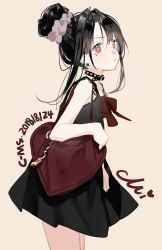 Rule 34 | 1girl, bag, bare arms, bare shoulders, belt, belt buckle, belt collar, black belt, black dress, black hair, blush, bow, brown background, brown scrunchie, buckle, c-ms (girls&#039; frontline), character name, collar, commentary, cowboy shot, dated, dress, earrings, girls&#039; frontline, hair bun, hair ornament, hair scrunchie, heart, highres, jewelry, long hair, looking away, mole, mole under eye, red bow, red eyes, revision, scrunchie, shoulder bag, sidelocks, signature, simple background, single hair bun, sleeveless, sleeveless dress, solo, standing, xiao chichi