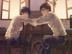 Rule 34 | 2boys, ao no exorcist, black hair, blue eyes, brothers, glasses, green eyes, hand on another&#039;s cheek, hand on another&#039;s face, kome kako, multiple boys, okumura rin, okumura yukio, pointy ears, short hair, siblings, sitting, spoilers, tail, twins