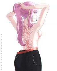 Rule 34 | 1girl, absurdres, arms up, back, back tattoo, backboob, breasts, earrings, hair over shoulder, highres, hololive, hololive english, hoop earrings, jewelry, large breasts, long hair, looking back, mori calliope, pink hair, ponytail, solevisionarts, solo, standing, tattoo, topless, twitter username, virtual youtuber, white background