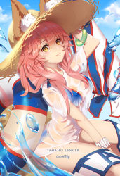 Rule 34 | 10s, 1girl, animal ear fluff, animal ears, artist name, beach umbrella, bikini, blue bikini, blue sky, blush, bracelet, breasts, character name, closed mouth, collarbone, day, ears through headwear, fate/extra, fate/grand order, fate (series), fox ears, fox tail, hair between eyes, hat, innertube, jewelry, large breasts, long hair, looking at viewer, lucidsky, ocean, pink hair, sash, shirt, sky, smile, solo, splashing, straw hat, sun hat, swim ring, swimsuit, tail, tamamo (fate), tamamo no mae (fate/extra), tamamo no mae (swimsuit lancer) (fate), tamamo no mae (swimsuit lancer) (second ascension) (fate), thighs, umbrella, water, wet, wet clothes, wet shirt, yellow eyes