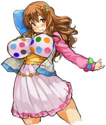 Rule 34 | 10s, 1girl, :3, arm behind head, asymmetrical clothes, blush, bracelet, breasts, brown eyes, brown hair, cropped legs, female focus, frilled skirt, frills, hair ornament, idolmaster, idolmaster cinderella girls, jewelry, large breasts, long hair, long skirt, long sleeves, looking away, moroboshi kirari, necklace, nose blush, perky breasts, pink skirt, plaid, polka dot, sachito, simple background, skirt, solo, star (symbol), star hair ornament, wavy hair, white background, white skirt