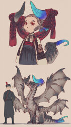 Rule 34 | 1boy, 1girl, :&lt;, alternate form, animal ears, arms at sides, asymmetrical horns, black coat, black dress, black footwear, black headwear, blue horns, blue tail, boots, braid, coat, collared shirt, cropped torso, curled horns, dragon, dragon girl, dragon horns, dragon tail, dress, french braid, frown, grey horns, grey tail, hair slicked back, hat, headdress, highres, horn ornament, horn ribbon, horns, kmbk, knee boots, long sleeves, looking at viewer, mismatched horns, multicolored tail, multiple wings, original, pinafore dress, red eyes, red ribbon, ribbon, scales, shirt, simple background, sleeveless, sleeveless dress, slit pupils, tail, white shirt, wings