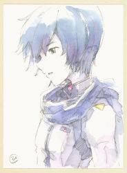 Rule 34 | 1boy, blue eyes, blue hair, blue scarf, coat, colored skin, commentary, epoxy putty, from side, kaito (vocaloid), male focus, painting (medium), parted lips, scarf, short hair, smile, traditional media, upper body, vocaloid, watercolor (medium), white background, white coat, white skin