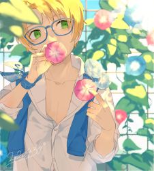 Rule 34 | 1boy, arm ribbon, blue flower, blue ribbon, blurry, blurry background, blurry foreground, collarbone, collared shirt, commentary request, covered mouth, dated, ensemble stars!, flower, glasses, green eyes, greenhouse, hands up, looking away, male focus, orange hair, pink flower, red flower, ribbon, shirt, short hair, solo, sweater around neck, tokopent, unbuttoned, unbuttoned shirt, white shirt, yuuki makoto (ensemble stars!)