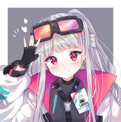 Rule 34 | 1girl, artist name, bad id, bad pixiv id, bag, black gloves, commentary request, copyright request, dot nose, eyewear on head, fang, fingerless gloves, gloves, grey hair, heart, highres, jacket, looking at viewer, pink eyes, red jacket, smile, solo, twitter username, urim (paintur), white jacket