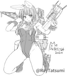 Rule 34 | 1girl, adapted costume, adapted turret, animal ears, artist logo, boots, braid, breasts, cannon, cleavage, commentary request, crane (machine), detached collar, fake animal ears, full body, greyscale, kantai collection, kneeling, looking at viewer, medium breasts, monochrome, playboy bunny, rabbit ears, shinshuu maru (kancolle), simple background, solo, tatsumi ray, turret, twin braids, twitter username, wrist cuffs