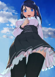 Rule 34 | 1girl, bad id, bad pixiv id, beijuu, black skirt, black thighhighs, blue eyes, blue hair, blue sky, blush, breasts, cloud, cowboy shot, day, dress, embarrassed, frilled dress, frills, from below, hand on own chest, high-waist skirt, highres, krt girls, long sleeves, matching hair/eyes, medium breasts, meme attire, one side up, open mouth, outdoors, petticoat, pleated skirt, red ribbon, ribbon, skirt, sky, solo, standing, sweat, sweatdrop, swept bangs, thighhighs, underbust, upper body, upskirt, virgin killer outfit, xiao qiong, zettai ryouiki