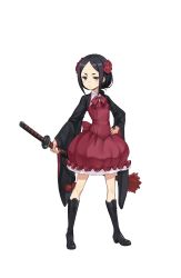 Rule 34 | 1girl, black footwear, black hair, dress, eyebrows, flower, full body, grey eyes, hair flower, hair ornament, hand on own hip, highres, holding, holding sword, holding weapon, katana, looking at viewer, official art, princess principal, red dress, sheath, sheathed, short hair, solo, standing, sword, toudou chise, transparent background, weapon, wide sleeves
