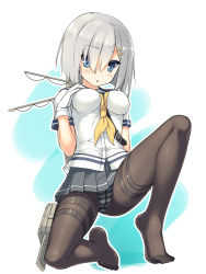 Rule 34 | 10s, 1girl, black pantyhose, blue eyes, breasts, crotch seam, feet, full body, gloves, hair over one eye, hamakaze (kancolle), highres, kantai collection, large breasts, no shoes, ochinsama, panties, panties under pantyhose, pantyhose, personification, school uniform, serafuku, short hair, silver hair, solo, striped clothes, striped panties, toes, underwear, white gloves