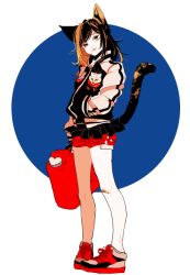 Rule 34 | 1girl, :3, animal ears, bad id, bad pixiv id, bandaid, bandaid on knee, bandaid on leg, black hair, bobbbob, brown hair, canister, cat ears, cat girl, cat tail, full body, hand in pocket, holding, jacket, jerry can, letterman jacket, long hair, multicolored hair, original, shoes, short shorts, shorts, sneakers, solo, streaked hair, tail, yellow eyes