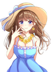 Rule 34 | 1girl, bare arms, bare shoulders, blue dress, blue eyes, blue ribbon, blush, breasts, brown hair, cleavage, collarbone, commentary request, dress, earrings, flower, hat, hat ribbon, jewelry, long hair, looking at viewer, medium breasts, namidako, original, ribbon, simple background, smile, solo, sun hat, white background, white ribbon, yellow flower
