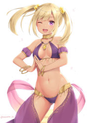 Rule 34 | 1girl, ;d, bangle, bare shoulders, blonde hair, bracelet, breasts, collar, cowboy shot, dancer, detached sleeves, hair ornament, harem outfit, harem pants, jewelry, long hair, looking at viewer, medium breasts, navel, one eye closed, open mouth, original, pants, purple eyes, sasaame, sidelocks, smile, solo, steepled fingers, stomach, twintails, twitter username, white background
