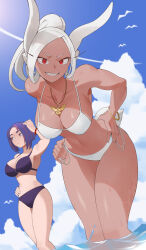 Rule 34 | 2girls, :/, :d, absurdres, alternate hairstyle, animal ears, armpits, bare shoulders, bikini, bird, blue sky, boku no hero academia, bracelet, breasts, cleavage, cloud, collarbone, dark-skinned female, dark skin, day, hand on own head, hand on own hip, hands on own hips, hanging breasts, highres, jewelry, koyap, lady nagant, large breasts, leaning forward, long eyelashes, long hair, looking at viewer, looking to the side, mirko, multicolored hair, multiple girls, navel, open mouth, outdoors, parted bangs, pendant, pink hair, ponytail, purple bikini, purple eyes, purple hair, rabbit ears, rabbit girl, rabbit tail, red eyes, seagull, short hair, side-tie bikini bottom, sky, smile, solo focus, stomach, streaked hair, swimsuit, tail, thighs, toned, two-tone hair, water, wet, white bikini, white hair