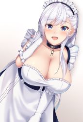 Rule 34 | 1girl, :d, amagi korona, apron, azur lane, belfast (azur lane), blue eyes, blush, braid, breasts, broken, broken chain, chain, cleavage, collar, collarbone, dress, french braid, gloves, highres, large breasts, leaning forward, long hair, looking at viewer, maid, maid apron, maid headdress, open mouth, silver hair, smile, solo, tongue, very long hair, white gloves