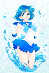 Rule 34 | 1girl, :d, aizen (syoshiyuki), bishoujo senshi sailor moon, blue bow, blue bowtie, blue eyes, blue hair, blue sailor collar, blue skirt, bow, bowtie, choker, collarbone, cropped legs, earrings, elbow gloves, gloves, headpiece, highres, jewelry, looking at viewer, miniskirt, open mouth, pleated skirt, sailor collar, sailor mercury, sailor senshi uniform, shirt, short hair, skirt, sleeveless, sleeveless shirt, smile, solo, standing, white gloves, white shirt