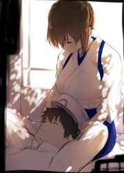 Rule 34 | 10s, 1boy, 1girl, admiral (kancolle), arms behind head, arms up, blue skirt, blurry, breasts, brown hair, closed eyes, closed mouth, dappled sunlight, day, depth of field, hakama, hakama short skirt, hakama skirt, hand on another&#039;s head, hat, indoors, isshiki (ffmania7), jacket, japanese clothes, kaga (kancolle), kantai collection, kimono, lap pillow, long sleeves, looking at another, looking down, lying, medium breasts, military, military uniform, on back, one side up, peaked cap, short hair, side ponytail, sitting, sketch, skirt, sleeping, sunlight, uniform, white hat, white jacket, white kimono, window