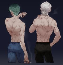 Rule 34 | 1boy, aohitsugi samatoki, ass, back, black pants, blood, blood on arm, blood on back, blood on clothes, blood on face, blood on hands, blood on leg, blue pants, bruise, cigarette, cuts, facing away, gradient background, green hair, hand up, highres, holding, holding cigarette, hypnosis mic, injury, leeis cool, male focus, median furrow, nurude sasara, pants, short hair, side-by-side, simple background, smoke, smoking, tight clothes, tight pants, toned, toned male, topless male, twitter username, white hair, wiping blood, wiping face