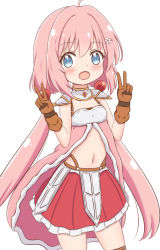 Rule 34 | 1girl, :d, armor, blue eyes, blush, breasts, brown gloves, commentary request, cowboy shot, double v, endro!, flower, frilled skirt, frills, gloves, hair between eyes, hair flower, hair ornament, hairclip, hands up, jiu (sdesd3205), long hair, looking at viewer, low twintails, navel, open mouth, pauldrons, pink hair, red skirt, shoulder armor, simple background, skirt, small breasts, smile, solo, twintails, v, very long hair, white background, white flower, yuria shardet