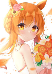 Rule 34 | 1girl, absurdres, animal ears, bad id, bad pixiv id, bare shoulders, blush, bouquet, braid, bride, closed mouth, commentary request, flower, french braid, hair flower, hair ornament, highres, holding, holding bouquet, horse ears, horse girl, long hair, mayano top gun (umamusume), miy@, orange hair, petals, pink flower, pink rose, rose, smile, solo, sunflower, sunflower hair ornament, umamusume, upper body, yellow eyes