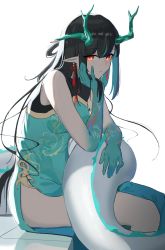 Rule 34 | 1girl, aqua dress, aqua hair, aqua skin, arknights, black hair, breasts, china dress, chinese clothes, closed mouth, colored inner hair, colored skin, commentary, dragon girl, dragon horns, dragon tail, dress, dusk (arknights), earrings, expressionless, feet out of frame, gradient skin, head rest, highres, horns, jewelry, large tail, long hair, looking at viewer, medium breasts, multicolored hair, multicolored skin, natoriusu sansei, pointy ears, red eyes, side slit, simple background, sitting, sleeveless, sleeveless dress, solo, streaked hair, tail, tassel, tassel earrings, two-tone hair, white background