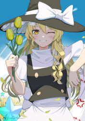 Rule 34 | 1girl, :d, absurdres, aquilar, black dress, blonde hair, blue sky, cloud, cloudy sky, dress, flower, grin, hat, highres, holding, holding flower, kirisame marisa, long hair, looking at viewer, one eye closed, open mouth, outdoors, petals, shooting star, short sleeves, sky, smile, teeth, touhou, witch, witch hat, yellow eyes, yellow flower