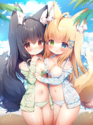 Rule 34 | 2girls, :q, absurdres, ahoge, animal ear fluff, animal ears, antenna hair, arm around shoulder, arm around waist, bikini, black hair, blonde hair, blue eyes, blue jacket, blush, borrowed character, breast press, breasts, cameltoe, closed mouth, commentary request, cowboy shot, day, fox ears, fox girl, frilled bikini, frills, green eyes, green jacket, hair between eyes, hair ornament, halterneck, hand on another&#039;s shoulder, hand up, hands up, heterochromia, highres, jacket, leaf, long hair, long sleeves, looking at viewer, medium breasts, momozu komamochi, multiple girls, navel, off shoulder, open clothes, open jacket, original, outdoors, red eyes, see-through, signature, standing, stomach, striped bikini, striped clothes, swimsuit, symmetrical docking, tongue, tongue out, wet, wet jacket, x hair ornament