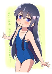 Rule 34 | 1girl, absurdres, artist name, bare arms, bare shoulders, blue eyes, blue hair, blue one-piece swimsuit, blush, closed mouth, commentary request, competition school swimsuit, cropped legs, dated, flat chest, flower, frown, gradient background, green background, grey hair, hair between eyes, hair censor, hair flower, hair ornament, highres, hiyori mizuki, long hair, new school swimsuit, one-piece swimsuit, one-piece tan, outline, outstretched arms, pink flower, purple eyes, school swimsuit, shirosaki hana, sidelocks, signature, simple background, solo, strap slip, sweatdrop, swimsuit, tan, tanline, twitter username, very long hair, watashi ni tenshi ga maiorita!, wavy mouth, white background, white outline