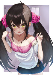 Rule 34 | 1girl, absurdres, animal print, black hair, black skirt, blush, breasts, double-parted bangs, heart, heart necklace, highres, idolmaster, idolmaster cinderella girls, jewelry, ky00, leopard print, long hair, looking at viewer, matoba risa, necklace, off-shoulder shirt, off shoulder, open mouth, outside border, shirt, skirt, small breasts, solo, sweatdrop, twintails, very long hair, yellow eyes