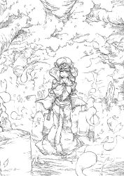 Rule 34 | 1girl, female focus, forest, ghost, greyscale, hat, monochrome, nature, outdoors, pandemonium, saigyouji yuyuko, short hair, solo, touhou, traditional media