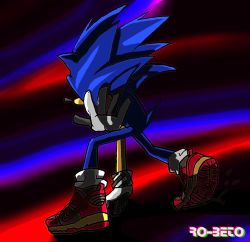 Rule 34 | 1boy, abstract background, alternate costume, animal ears, artist name, back, blue fur, chromatic aberration, commentary, english commentary, full body, furry, furry male, gloves, highres, male focus, nike (company), red footwear, ro-beto(artist), self-upload, shoes, sneakers, solo, sonic (series), sonic the hedgehog, spikes, white gloves