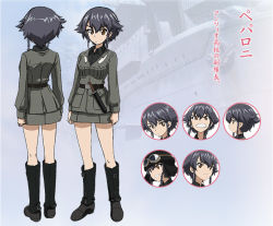 Rule 34 | 10s, 1girl, black hair, boots, braid, brown eyes, character sheet, concept art, dress shirt, expressions, girls und panzer, goggles, helmet, jacket, knife, looking at viewer, military, military uniform, official art, open mouth, pepperoni (girls und panzer), shirt, short hair, skirt, smile, standing, sugimoto isao, uniform