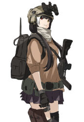 Rule 34 | 1girl, backpack, bag, black gloves, black hair, black skirt, black thighhighs, brown eyes, brown headwear, brown shirt, closed mouth, colt 9mm smg, commentary request, ear protection, girls&#039; frontline, gloves, gun, helmet, heterochromia, highres, looking at viewer, multicolored hair, mutugorou u, name connection, object namesake, pleated skirt, puffy short sleeves, puffy sleeves, red eyes, ro635 (girls&#039; frontline), shirt, short sleeves, simple background, single thighhigh, sketch, skirt, solo, streaked hair, submachine gun, thighhighs, weapon, white background, white hair