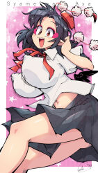 Rule 34 | 1girl, bird wings, black hair, black wings, blush, breasts, carte, covered erect nipples, hat, large breasts, looking at viewer, midriff, navel, open mouth, pointy ears, pom pom (clothes), red eyes, red hat, ribbon, shameimaru aya, shirt, short hair, short sleeves, skirt, smile, solo, tokin hat, touhou, wings