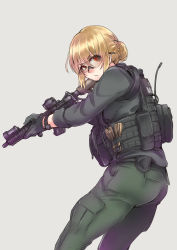 Rule 34 | 1girl, assault rifle, ayyh, belt, blonde hair, breasts, bulletproof vest, cable tie, closed mouth, cowboy shot, from side, gloves, green gloves, green jacket, green pants, grey background, gun, hair between eyes, highres, holding, holding weapon, jacket, load bearing vest, looking to the side, military, military uniform, original, pants, pocket, pouch, red eyes, rifle, safety glasses, short hair, solo, uniform, watch, weapon, wristwatch