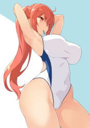 Rule 34 | 1girl, absurdres, adjusting hair, armpits, arms up, bare arms, bare legs, blue background, breasts, commentary, competition swimsuit, covered navel, hair between eyes, hair tie, highres, large breasts, mouth hold, nakamura yukitoshi, one-piece swimsuit, original, ponytail, red eyes, red hair, simple background, solo, standing, swimsuit, thighs, two-tone background, white background, white one-piece swimsuit