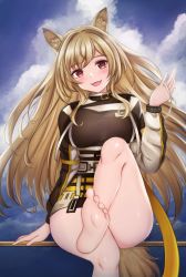 Rule 34 | 1girl, :d, animal ear fluff, animal ears, arknights, bare legs, barefoot, blush, breasts, brown hair, ceobe (arknights), cloud, commentary, fang, feet, hand up, head tilt, kyomu (7641), long hair, long sleeves, looking at viewer, medium breasts, open mouth, red eyes, sitting, skin fang, smile, soles, solo, tail, thighs, toes, very long hair