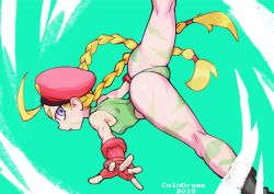 Rule 34 | 1girl, 2019, ahoge, artist name, ass, beret, blonde hair, blue eyes, braid, cammy white, capcom, colo (nagrolaz), female focus, fingerless gloves, from behind, gloves, green leotard, hat, leotard, looking back, scar, scar on face, sideways glance, solo, street fighter, thighs, twin braids