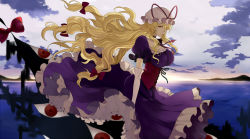 Rule 34 | 1girl, bad id, bad pixiv id, blonde hair, bow, breasts, cloud, corset, elbow gloves, female focus, floating, gap (touhou), gloves, hair bow, harano, hat, hat ribbon, hill, horizon, large breasts, long hair, looking at viewer, looking to the side, ocean, red eyes, ribbon, sky, solo, sunset, touhou, twilight, water, white gloves, wind, yakumo yukari, yellow eyes