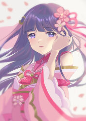 Rule 34 | 1girl, arm at side, bare shoulders, blunt bangs, blurry, blurry background, blush, cherry blossoms, commentary, depth of field, detached sleeves, falling petals, floating hair, flower, gradient background, grey background, hair flower, hair ornament, hair ribbon, tucking hair, hand up, highres, japanese clothes, jewelry, kamikawa celery, kimono, light smile, long hair, long sleeves, looking at viewer, necklace, obi, obijime, official alternate costume, parted lips, pearl necklace, petals, pink flower, pink kimono, purple eyes, purple hair, red ribbon, ribbon, sash, shoujo kageki revue starlight, shoujo kageki revue starlight -re live-, sleeveless, sleeveless kimono, solo, tassel, tsuyuzaki mahiru, upper body, wide sleeves
