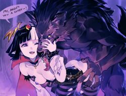 Rule 34 | 1boy, 1girl, animal ears, black hair, black nails, breasts, cape, choker, claws, commentary, cross, cross choker, detached sleeves, draculita, english commentary, english text, eyeball hair ornament, fangs, furry, furry male, grabbing, grabbing another&#039;s breast, grabbing from behind, hand on another&#039;s face, implied penetration, implied sex, indie virtual youtuber, medium breasts, multicolored hair, nipples, one eye closed, optionaltypo, pale skin, pointy ears, purple eyes, scar, scar across eye, short hair, signature, smile, striped clothes, striped thighhighs, tail, thighhighs, tongue, torn clothes, torn thighhighs, two-tone hair, vampire, virtual youtuber, werewolf, white hair, wolf boy, wolf ears, wolf tail, yellow eyes