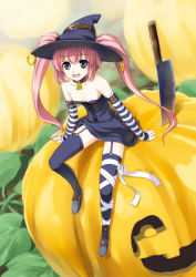 Rule 34 | detached sleeves, dress, hat, jack-o&#039;-lantern, kazami haruki, knife, original, pink hair, pumpkin, solo, strapless, strapless dress, striped, thighhighs, twintails, witch hat