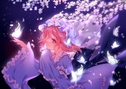 Rule 34 | 1girl, absurdres, blue butterfly, bug, butterfly, cherry blossoms, frills, glowing butterfly, hat, highres, insect, japanese clothes, kanta (pixiv9296614), long sleeves, mob cap, pink eyes, pink hair, profile, revision, ribbon, saigyouji yuyuko, short hair, smile, solo, touhou, triangular headpiece, wide sleeves