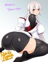 Rule 34 | 1girl, agawa ryou, arched back, artist name, ass, bad id, bad tumblr id, black thighhighs, blonde hair, borrowed character, breasts, commentary request, gradient background, grey background, huge breasts, long hair, looking at viewer, looking back, original, red eyes, signature, sitting, skirt, solo, thick thighs, thighhighs, thighs, twitter username, very long hair, wariza, white background